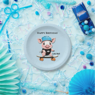 Cartoon Baby Pig Skateboarding Lasse Roll, Geburts Pappteller
