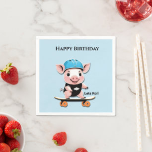 Cartoon Baby Pig Skateboarding Lasse Roll, Geburts Serviette