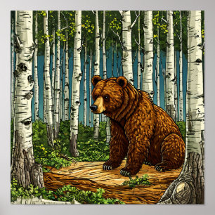 🐻 Cartoon-Bär im Birkenwald Süße Waldlandschaft Poster