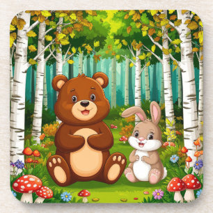Cartoon Bären und Kaninchen in einem dichten Wald Getränkeuntersetzer