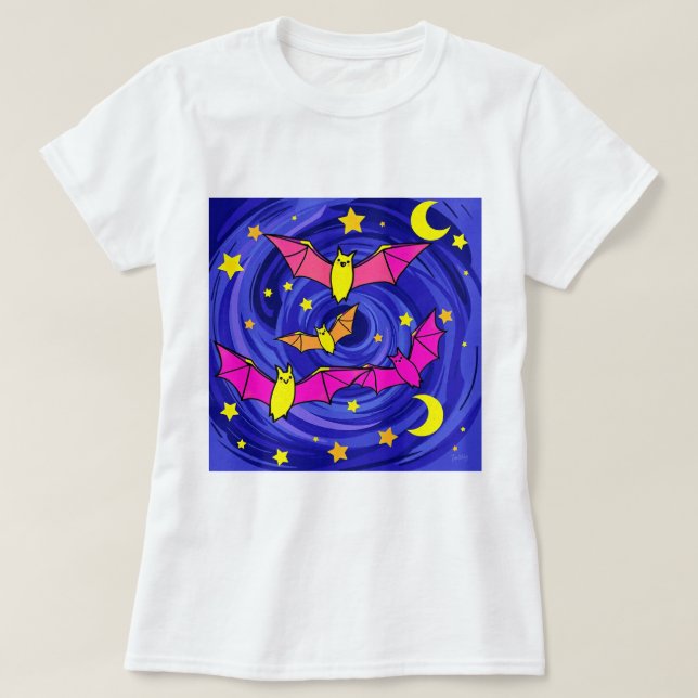 Cartoon Bat Niedlich Halloween Starnacht T-Shirt (Design vorne)