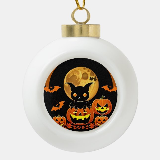 Cartoon Bat und Pumpkins unter Vollmond Keramik Kugel-Ornament (Vorderseite)