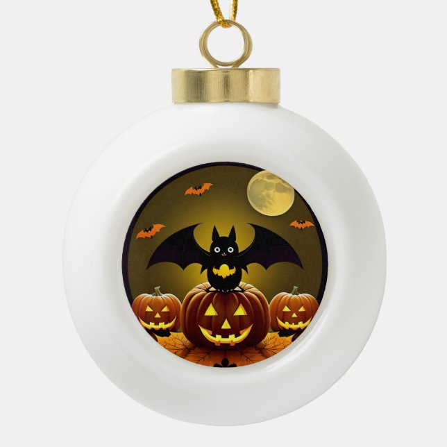 Cartoon Bat und Pumpkins unter Vollmond Keramik Kugel-Ornament (Vorderseite)