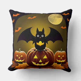 Cartoon Bat und Pumpkins unter Vollmond Kissen
