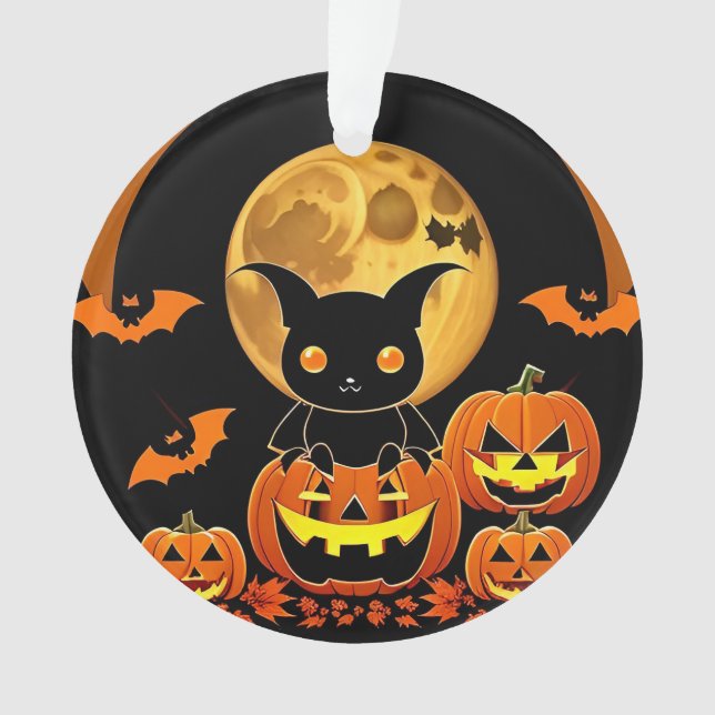 Cartoon Bat und Pumpkins unter Vollmond Ornament (Vorderseite)
