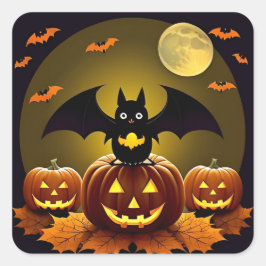 Cartoon Bat und Pumpkins unter Vollmond Quadratischer Aufkleber