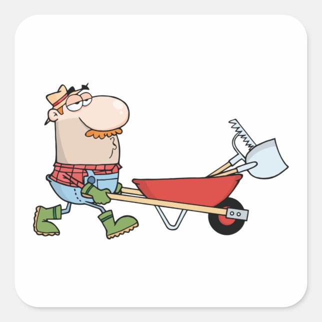 Cartoon-Bauer mit Wheelbarrow und Tools Quadratischer Aufkleber (Vorderseite)