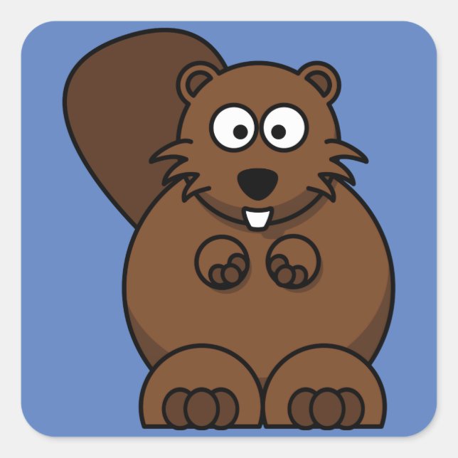 Cartoon Beaver mit blauem Hintergrund Quadratischer Aufkleber (Vorderseite)