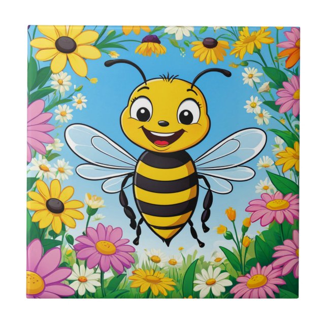 Cartoon Bee Farbige Blume Fliese (Vorderseite)
