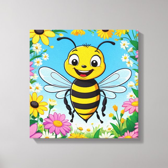 Cartoon Bee Farbige Blume Leinwanddruck (Vorderseite)