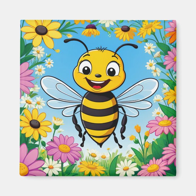 Cartoon Bee Farbige Blume Magnet (Vorne)