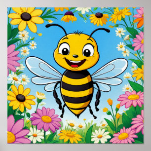 Cartoon Bee Farbige Blume Poster