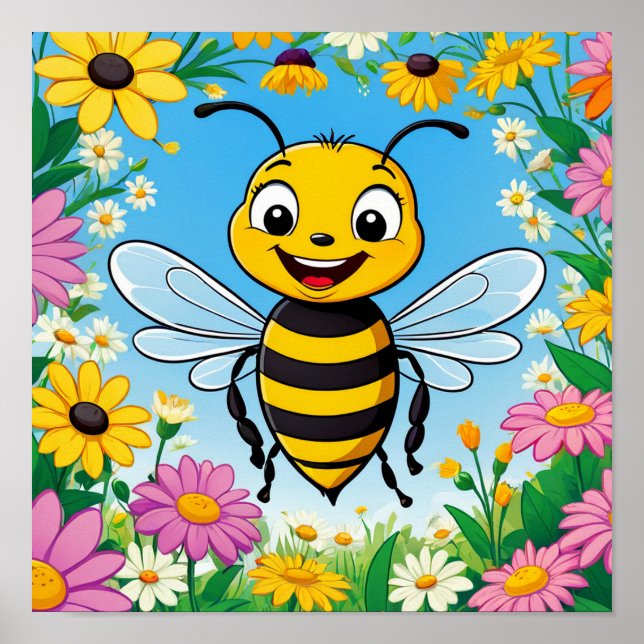 Cartoon Bee Farbige Blume Poster (Vorne)