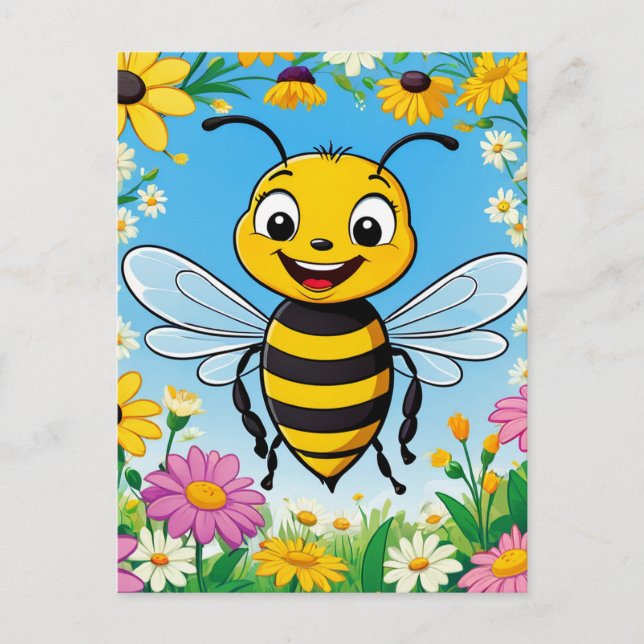 Cartoon Bee Farbige Blume Postkarte (Vorderseite)