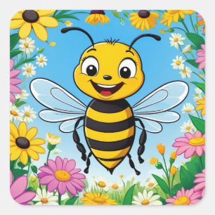 Cartoon Bee Farbige Blume Quadratischer Aufkleber