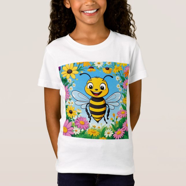 Cartoon Bee Farbige Blume T-Shirt (Vorderseite)