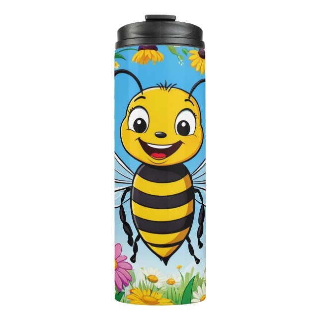 Cartoon Bee Farbige Blume Thermosbecher (Vorderseite)