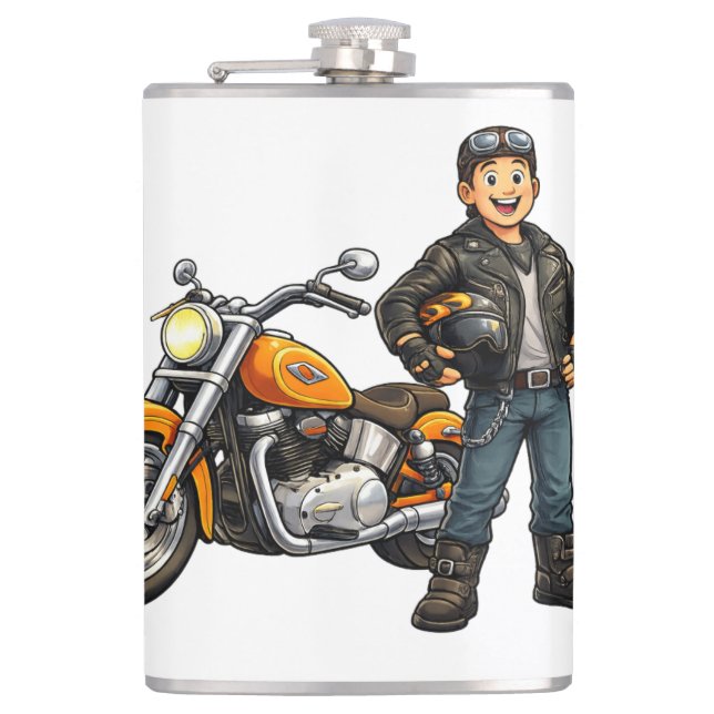 Cartoon Biker with Powerful Motorcycle Rider Art Flachmann (Vorderseite)