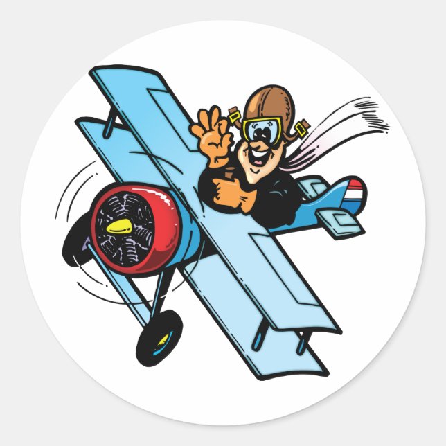 Cartoon Biplane Runder Aufkleber (Vorderseite)