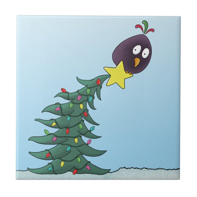 Cartoon Bird Christmas Tree Star Fliese (Vorderseite)
