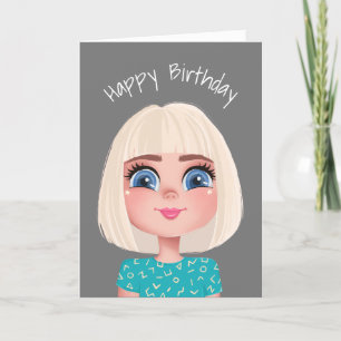 Cartoon Birthday Blond Girl on Gray Karte