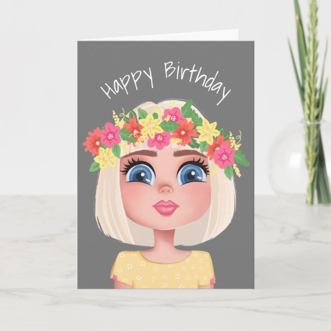 Cartoon Birthday Blume Child Girl Karte (Vorderseite)