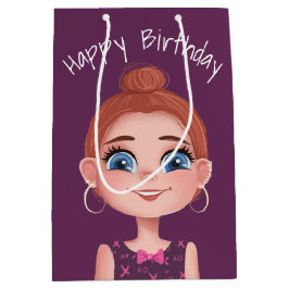 Cartoon Birthday Girl auf Lila Mittlere Geschenktüte