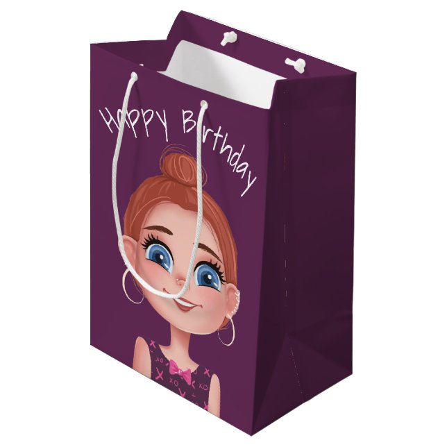 Cartoon Birthday Girl auf Lila Mittlere Geschenktüte (Vorderseite Schrägansicht)