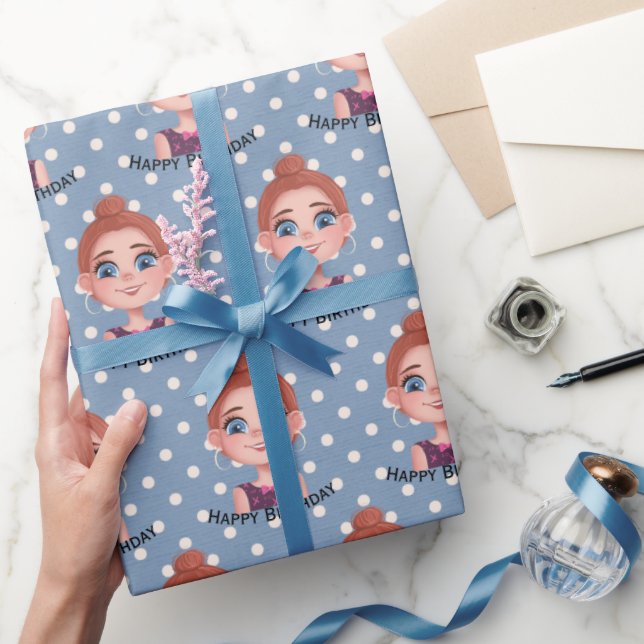 Cartoon Birthday Girl mit Big Eyes Geschenkpapier (Schenken)
