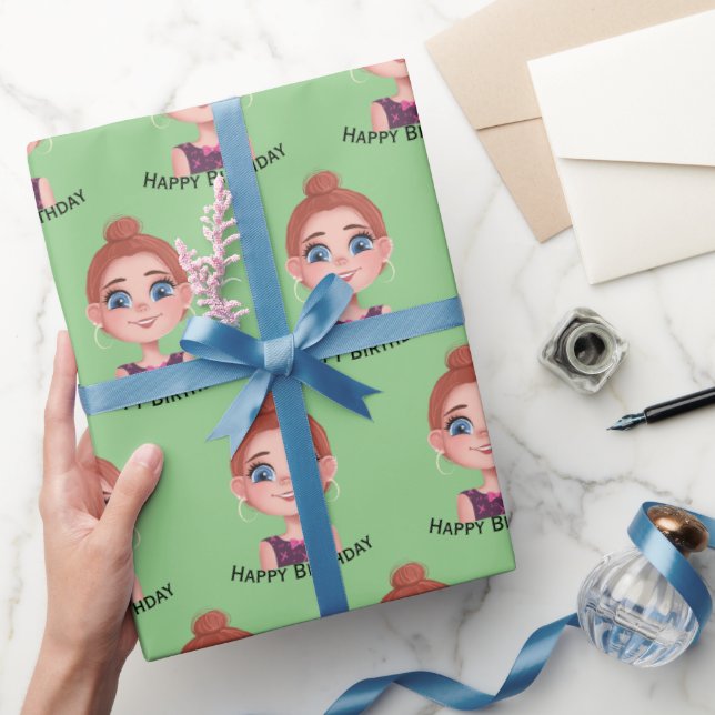 Cartoon Birthday Girl mit Big Eyes Geschenkpapier (Schenken)