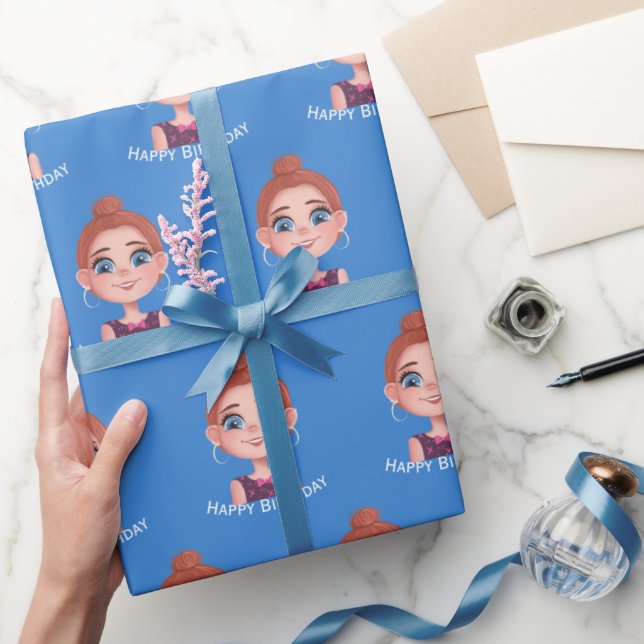 Cartoon Birthday Girl mit Big Eyes Geschenkpapier (Schenken)