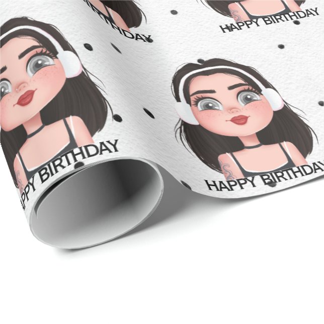 Cartoon Birthday Girl mit Kopfhörern Geschenkpapier (Rolleneckpunkt)