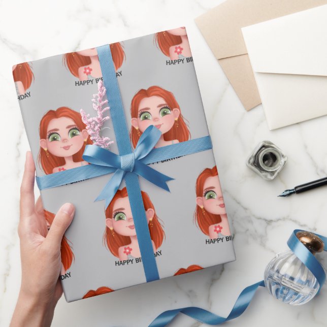Cartoon Birthday Girl mit Rotem Haar Geschenkpapier (Schenken)