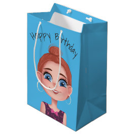 Cartoon Birthday Girl on Aqua Mittlere Geschenktüte