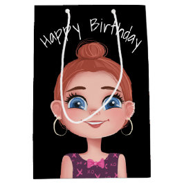 Cartoon Birthday Girl On Black Mittlere Geschenktüte