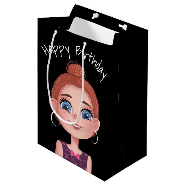 Cartoon Birthday Girl On Black Mittlere Geschenktüte (Vorderseite Schrägansicht)