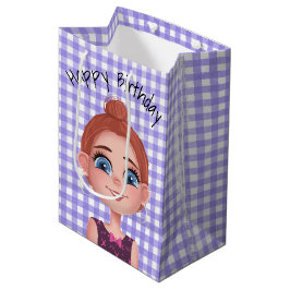 Cartoon Birthday Girl on Gingham Mittlere Geschenktüte