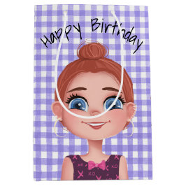 Cartoon Birthday Girl on Gingham Mittlere Geschenktüte