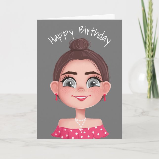 Cartoon Birthday Girl on Gray Karte (Vorderseite)
