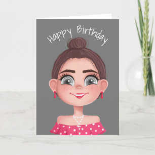 Cartoon Birthday Girl on Gray Karte