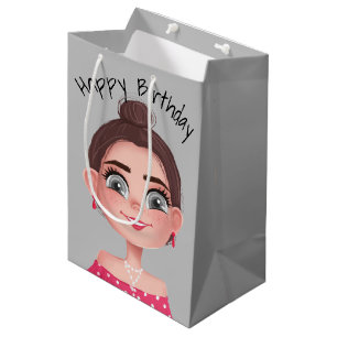 Cartoon Birthday Girl on Gray Mittlere Geschenktüte