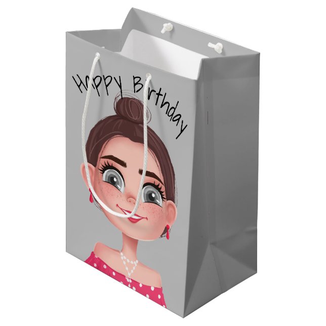 Cartoon Birthday Girl on Gray Mittlere Geschenktüte (Vorderseite Schrägansicht)