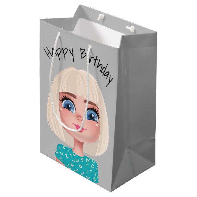 Cartoon Birthday Girl on Gray Mittlere Geschenktüte (Vorderseite Schrägansicht)