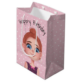 Cartoon Birthday Girl on Polka Dots Mittlere Geschenktüte