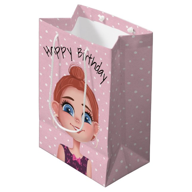 Cartoon Birthday Girl on Polka Dots Mittlere Geschenktüte (Vorderseite Schrägansicht)