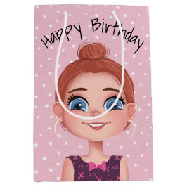 Cartoon Birthday Girl on Polka Dots Mittlere Geschenktüte
