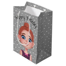 Cartoon Birthday Girl on Polka Dots Mittlere Geschenktüte