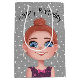 Cartoon Birthday Girl on Polka Dots Mittlere Geschenktüte
