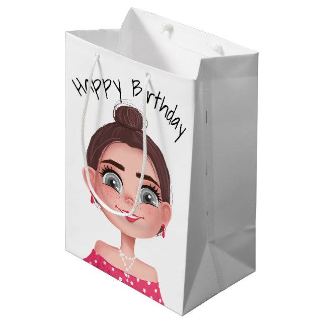 Cartoon Birthday Girl on White Mittlere Geschenktüte (Vorderseite Schrägansicht)