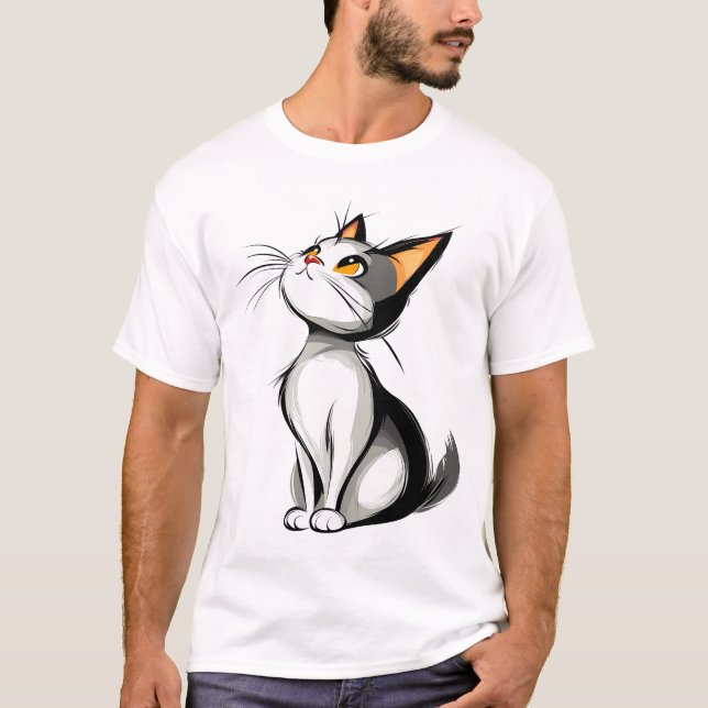 Cartoon Black and White Cat Sitting Illustration T-Shirt (Vorderseite)